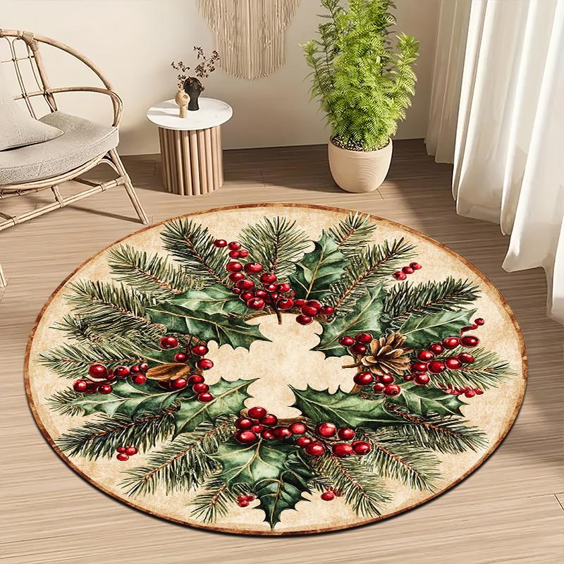 Vintage Christmas Round Floor Rug Snowy Winter Cabin Reindeer Xmas Tree Present Pattern Decor Area Rug for Indoor Home Ornament