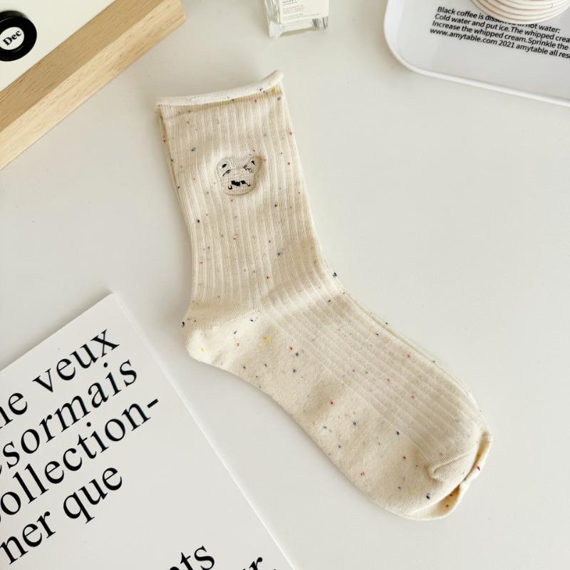 Female Spring and Autumn Trend Cartoon Dog Embroidery Idea Yarn Roll Edge In The Tube Pile Socks