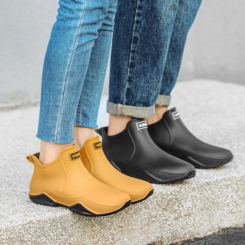 Rutschfeste, einfarbige, flache Regenstiefel für Damen, wasserdichte Slip-On-Gummischuhe, Outdoor-Arbeitsschuhe