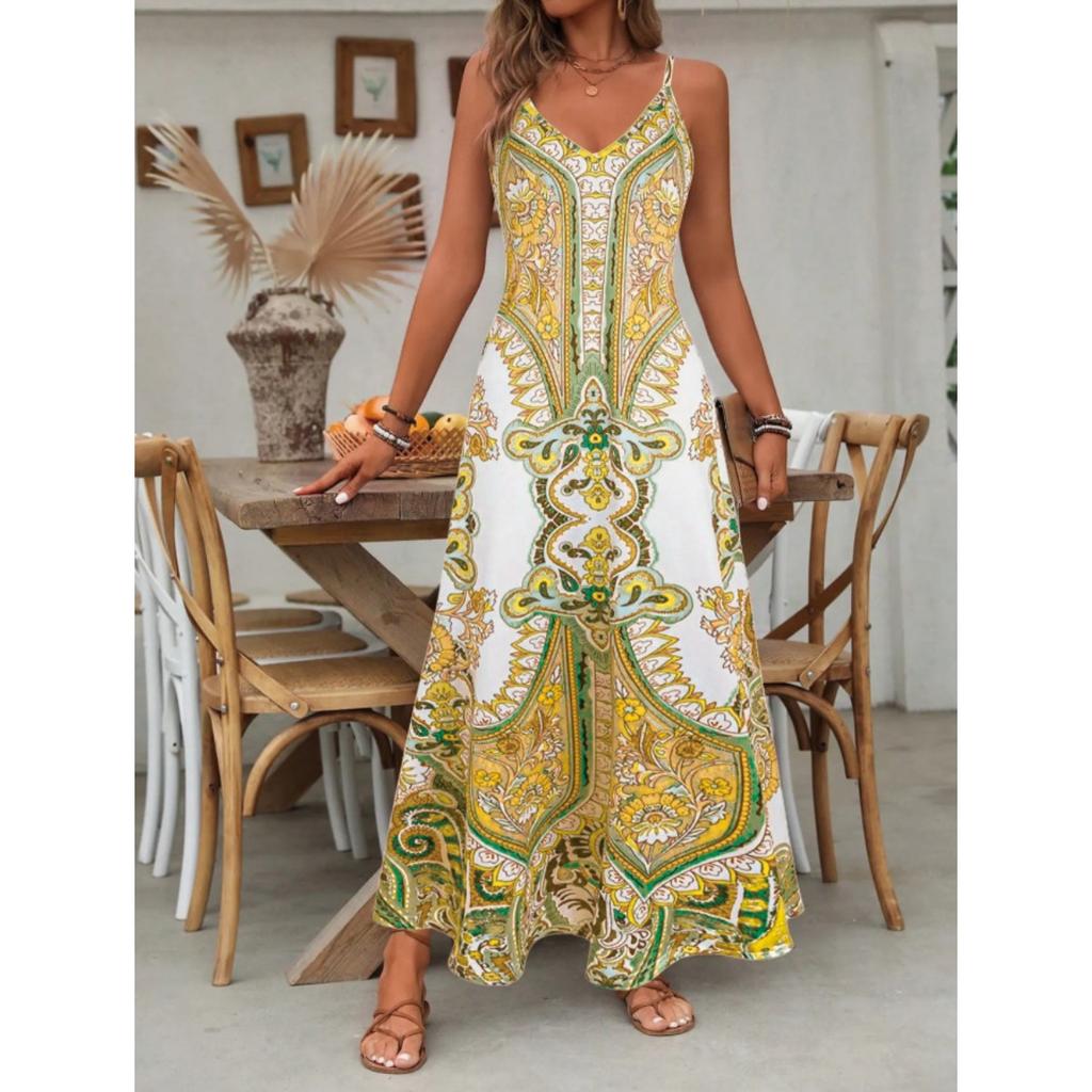Women's V Neck Sleeveless Printed Maxi Dress High Waist Bohemian Casual Long Dress