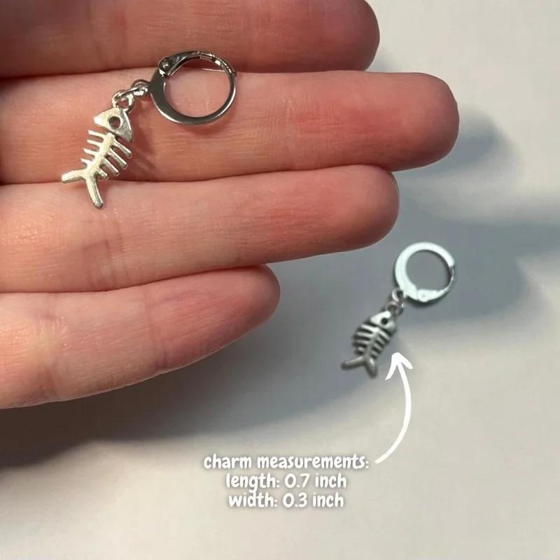 Handmade y2k punk silvery fish skeleton stainless steel hoop huggie earrings