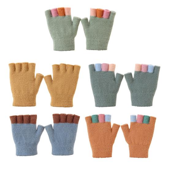 Kids Knitted Gloves Winter Half Finger Gloves Soft Color Block Warm Wrist Gloves for Boys Girls Indoor Outdoor Use