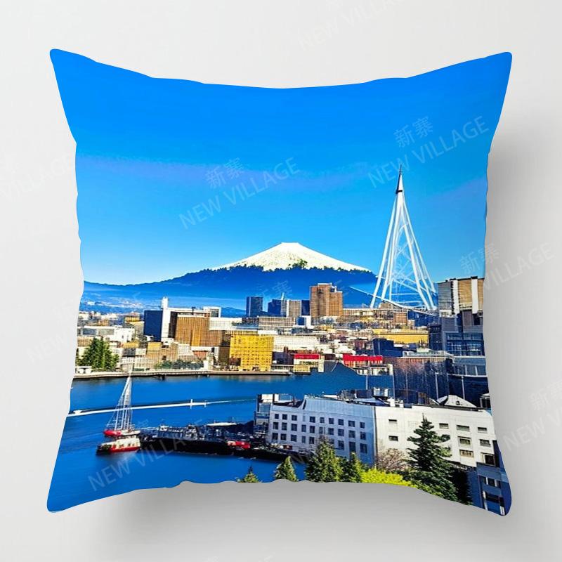 Four Seasons Universal Short Plush Pillow Case Living Room Bedroom Landscape Illustration Architectural Pattern Cushion Cover