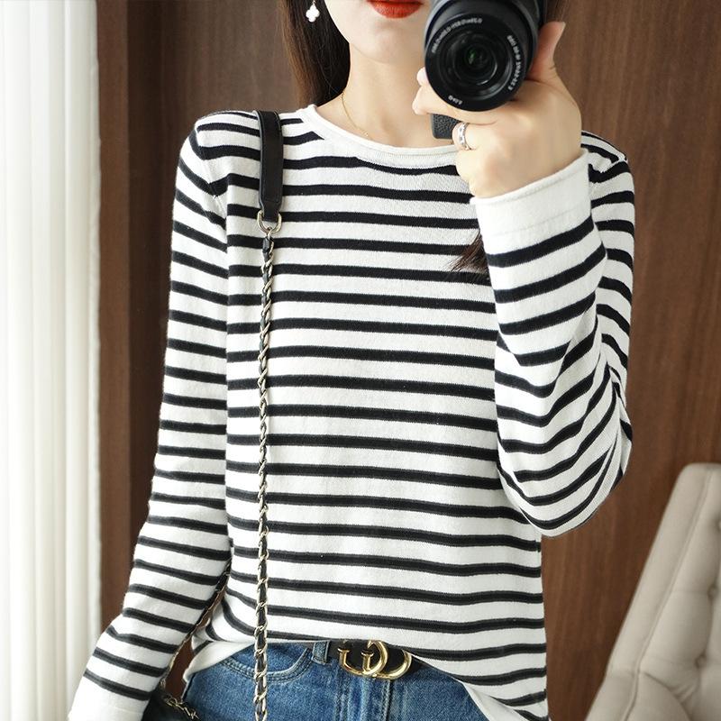 Women Sweater Curled O-neck Strip Pullover Autumn Spring Casual Knit Clothing Fashion Soft Bottoming Sweater Tops