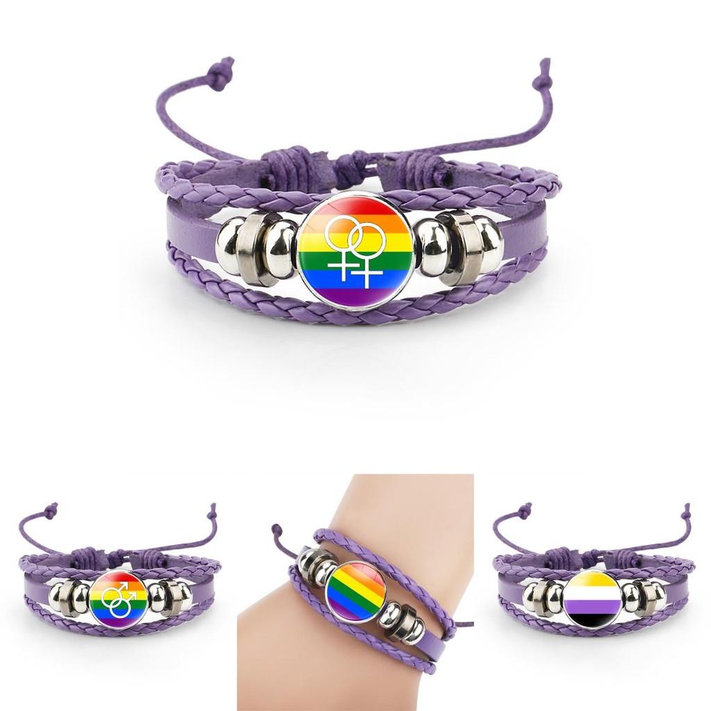 Einzigartiges lila Lederarmband mit Regenbogenflaggen-Zeit-Edelstein für Männer und Frauen