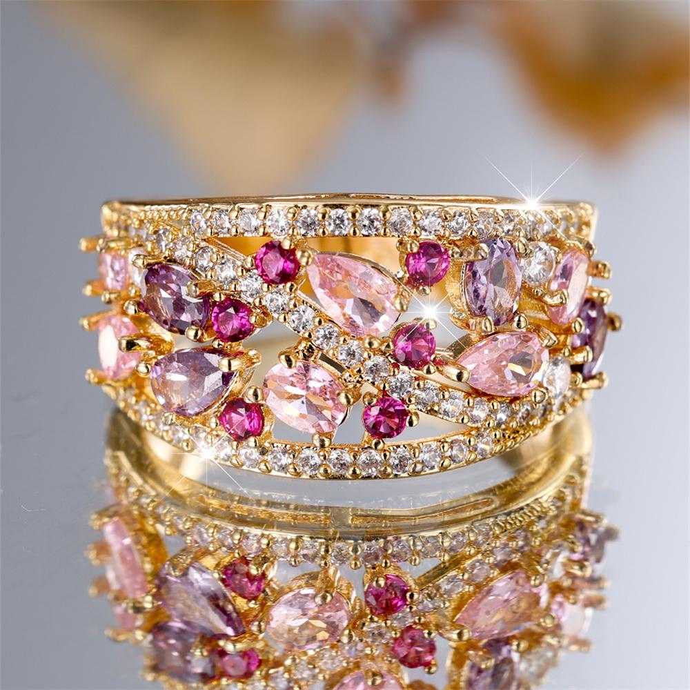 Anillos de Compromiso con Piedra de Gota de Agua de Cristal Rosa Púrpura Para Mujeres Anillos de Boda Vintage Color Dorado Joyería de Piedra Natal Regalos de Fiesta