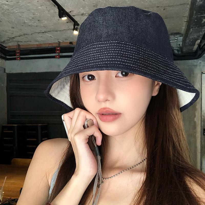Retro double-sided can wear denim bucket hat women show small face high-end sense versatile basin hat autumn and winter hat