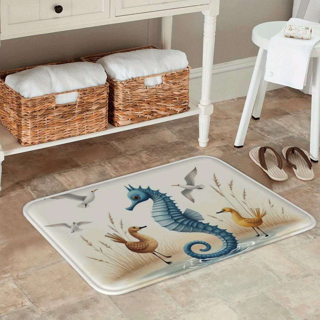 1PC Seahorse & Shorebirds Kitchen Rug Non-Slip Door Mat Pop design Bathroom Rug Bath Mat Carpet for Home Sink Laundry Decor