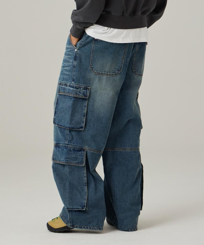 URBANAGE [2Pack] Double Cargo Washed Denim Wide Pants 3 Colors