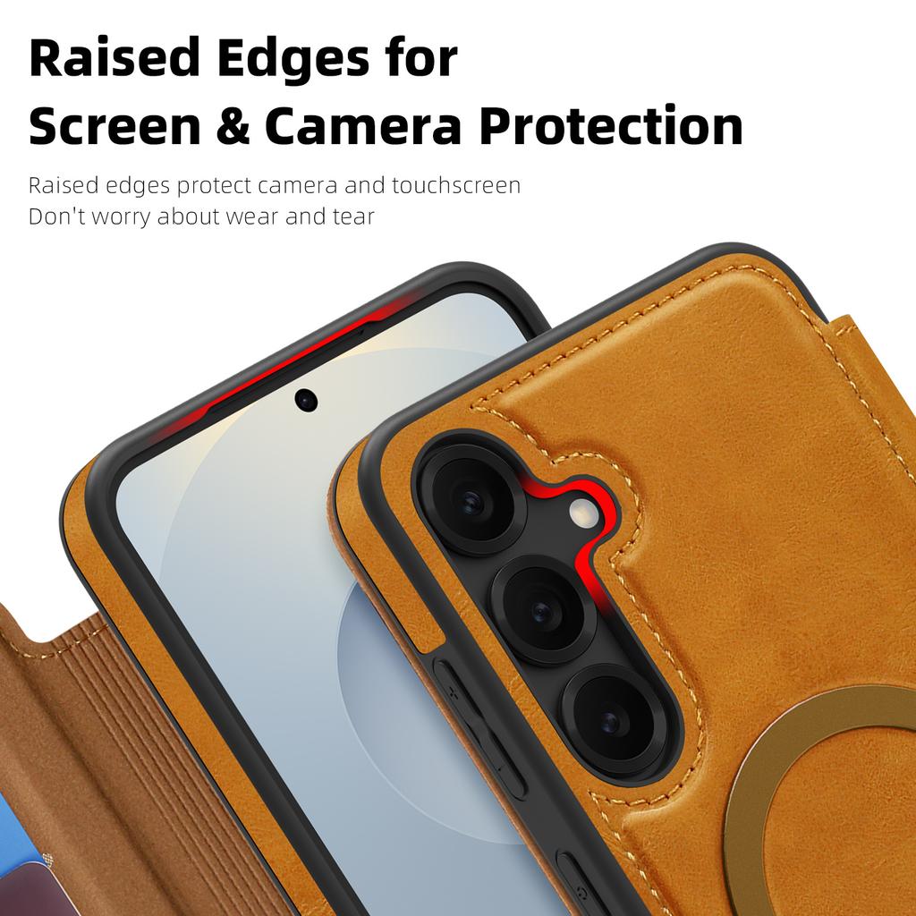 For Samsung Galaxy S25+ Case Compatible with MagSafe RFID Blocking Card Holder Leather Phone Cover