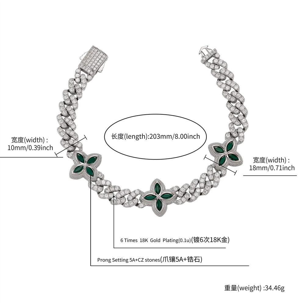 Hot Selling Exquisite Hip Hop Jewelry Single Row CZ Iced Out 10mm Cuban Link Green Zircon Flower Four Leaf Clover Bracelet