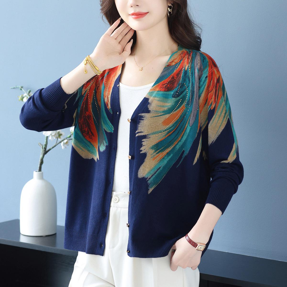 

Женский вязаный кардиган: Легкая трикотажная куртка-свитер с принтом для мамы, стиль 2025 2XL темно-синий