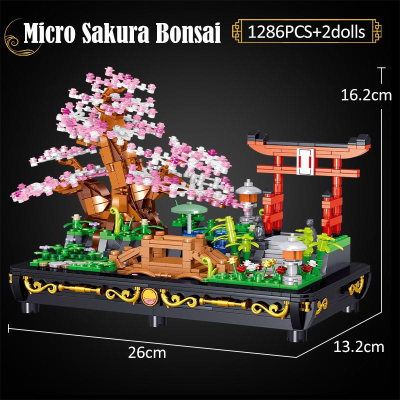 Mini Garden Bonsai Building Block Cherry Blossom Pine Pavilion 3D Model Brick Plant Potted Home Decoration Children's Toy Gift