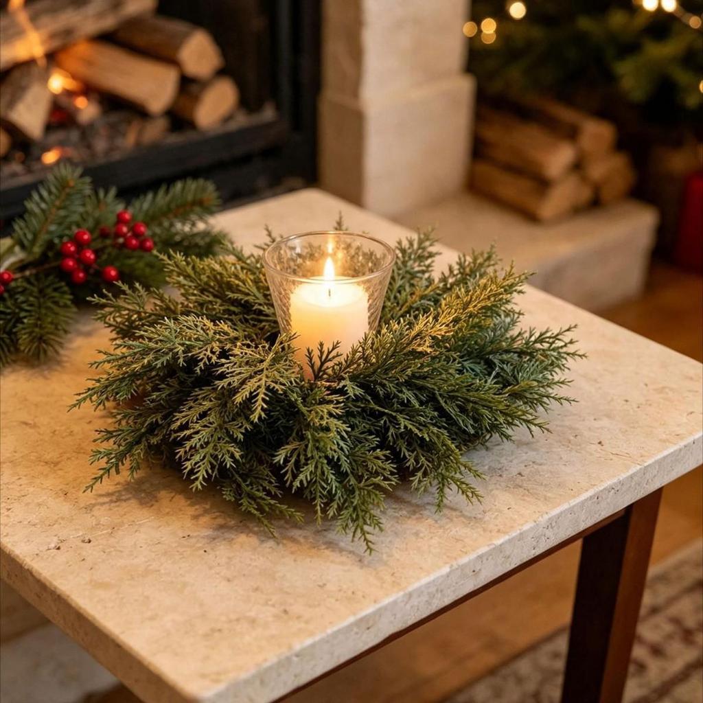 Christmas Candle Holder Wreath with Red Berries and Pine Cones Ornaments