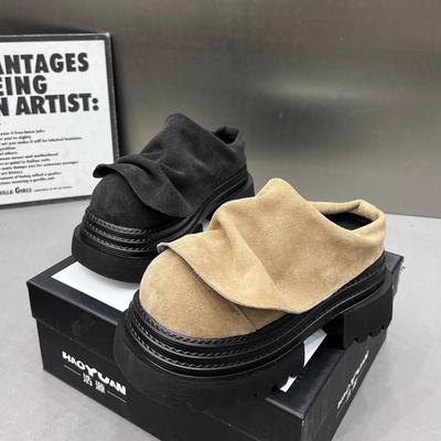 Baotou halve slippers dames 2025 nieuwe ruche rand catwalk kleine leren schoenen kleine ronde neus plateau muller schoenen