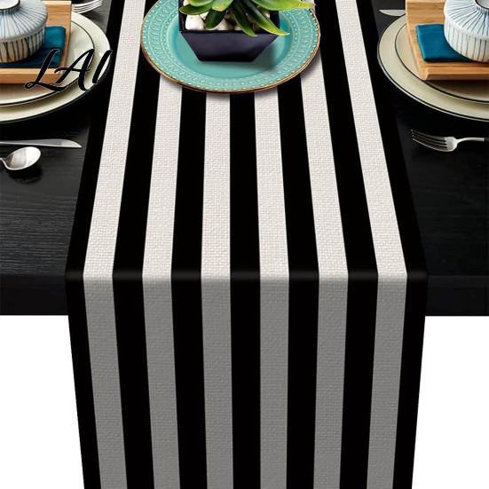 Stylish Geometric Pattern Table Runner Modern Runner Black And White Checkered Anti-wrinkle for Coffee 72 Inch Striped Dining Decor Linen Blend Cover