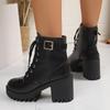Fashion Women Lace-up Black Ankle Boots Women Autumn Fashion Buckle Strap Platform Short Boots Woman Thick Plush Pu Leather Botas Mujer