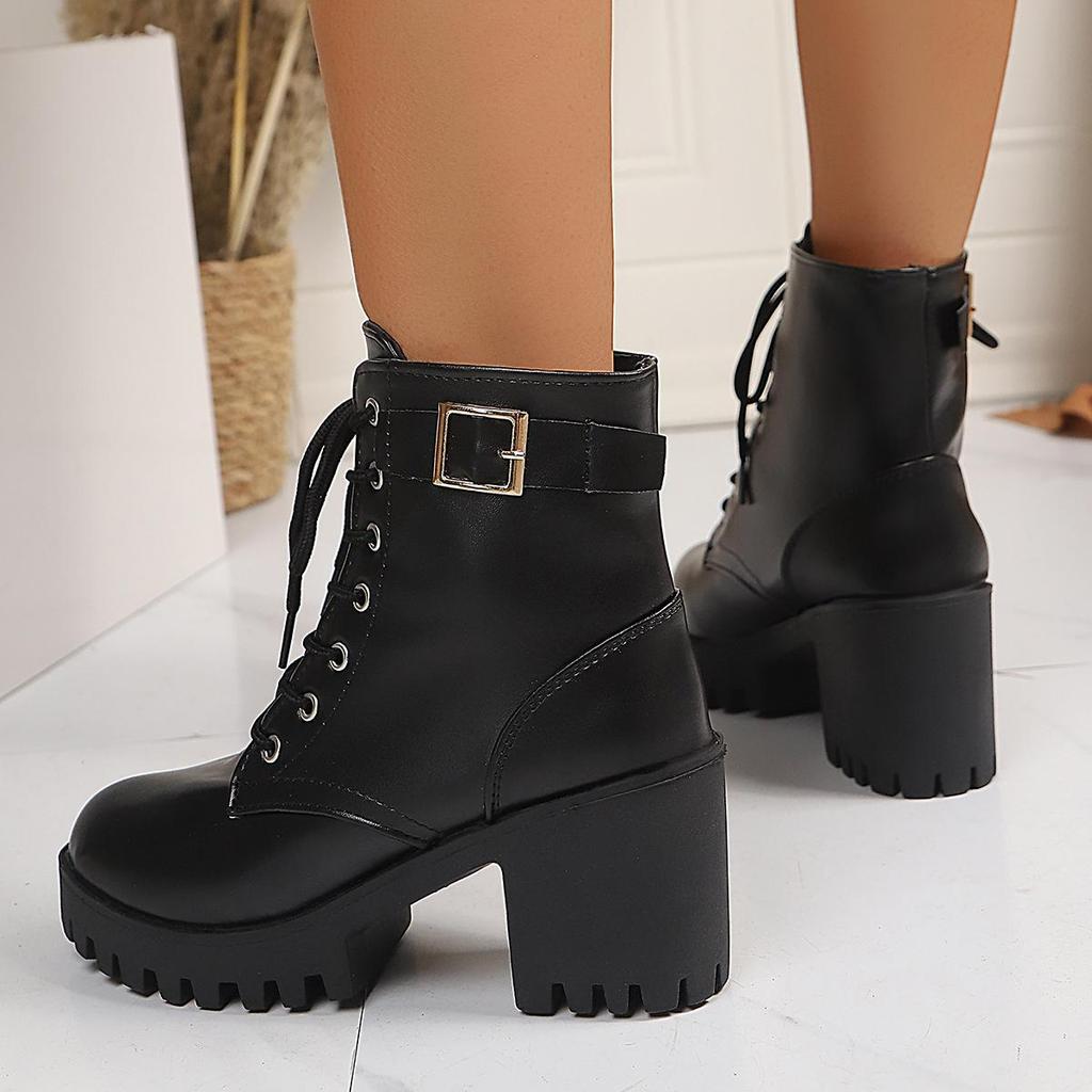 Fashion Women Lace-up Black Ankle Boots Women Autumn Fashion Buckle Strap Platform Short Boots Woman Thick Plush Pu Leather Botas Mujer