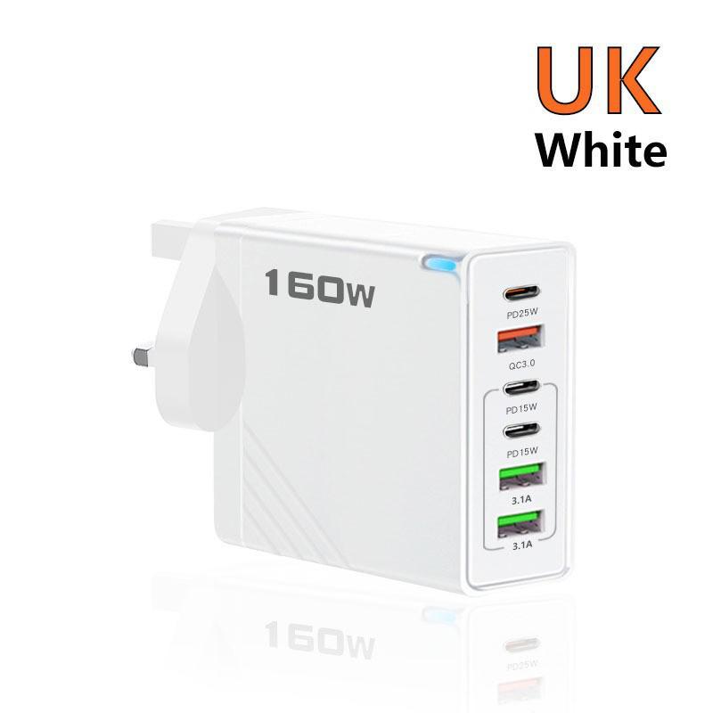 160W Multi-Port Fast Charger: 3 USB + 3 Type-C, EU/UK Plug, Compatible with Apple, Huawei, Xiaomi