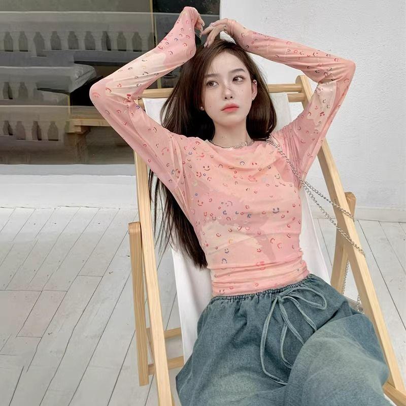 Pure Desire Style Mesh Design Printed Sunscreen Long-Sleeve T-Shirt Women's Summer Slim-Fit Base Layer Figure-Flattering Spicy Girl Top
