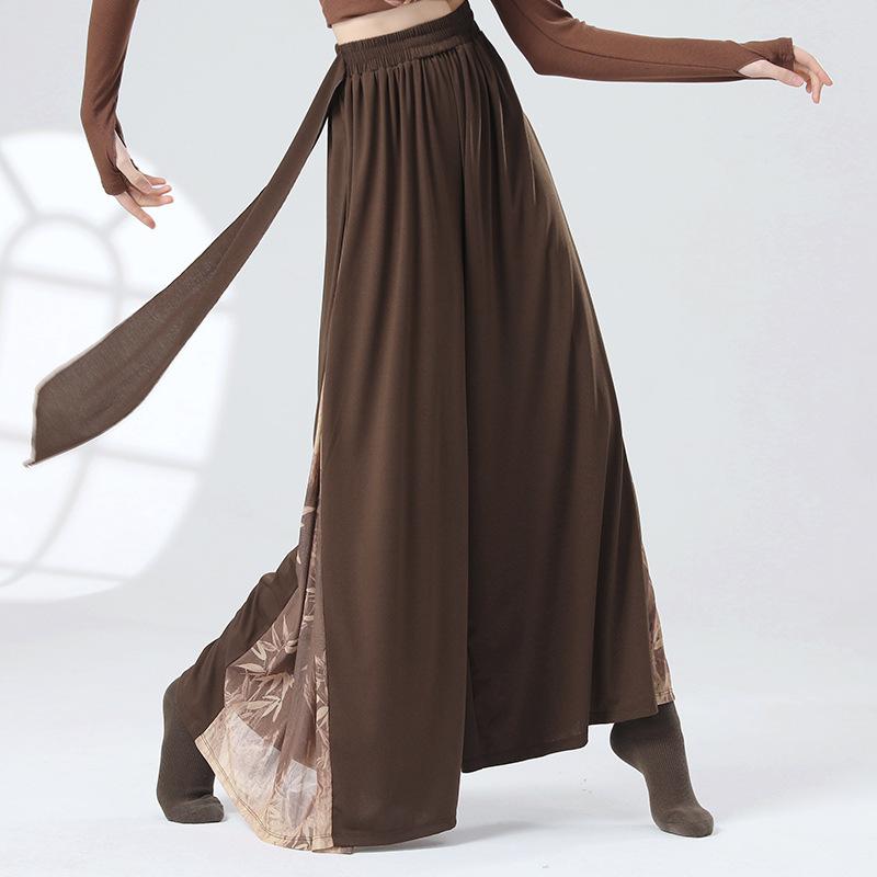 Print Wide Leg Pants Chinese Folk National Dance Culottes Flowy Modern Hanfu Classical Dancer Training Practice Skirt High Waist