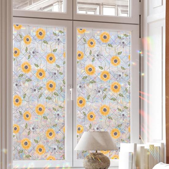 4 Sheets Rainbow Floral Window Privacy Film Stained Glass Decorative Decals Sun Blocking Heat Control Static Glass Clings for Bedroom Living Room