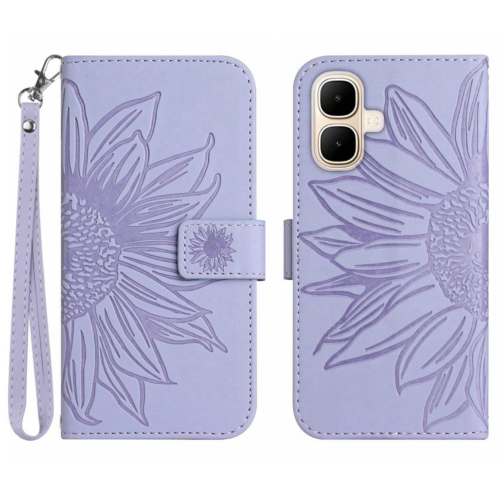 For TECNO Pop 10/Infinix Smart 10 Case Sunflower Imprint Leather Wallet Phone Cover with Wrist Strap
