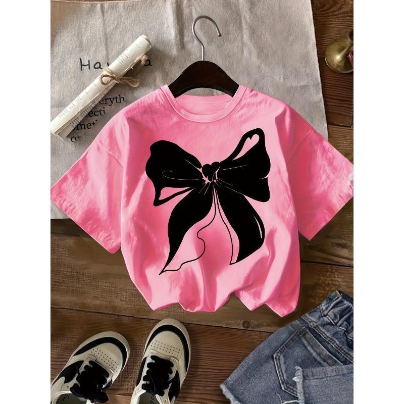 European sizes Sweet Bow Print T-Shirt - Short Sleeve Round Neck Summer Blouse Top, Casual Summer Outfits for, Playdates & Parties