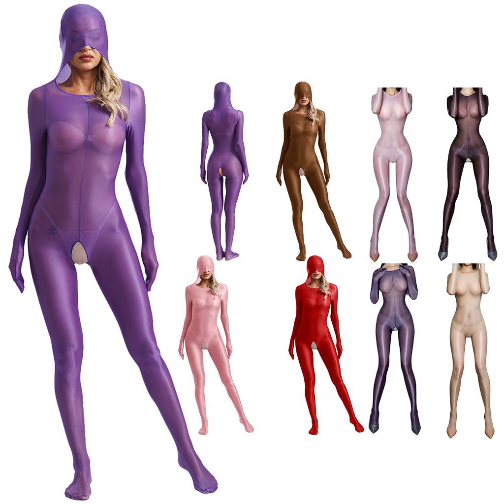 Damen Vollabdeckung Bodystocking Langarm Handschuhe Angebracht Offener Schritt Mit Füßen Kapuze Katze Catsuit Jumpsuit