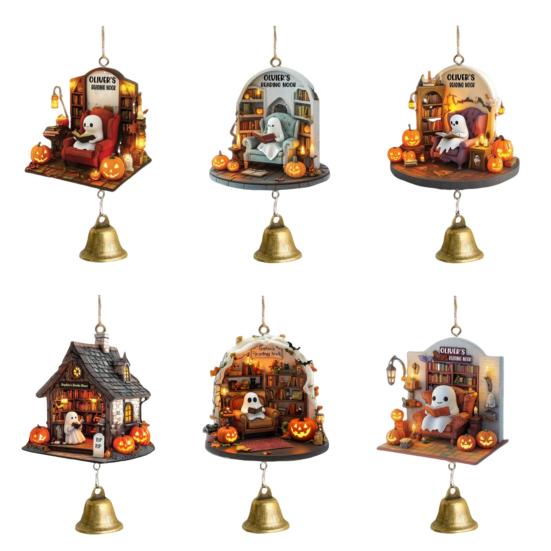 Ghost Reading Book Halloween Ornament 2D Flat Ghost In Reading Nook Hanging Decoration with Bell Window Hanging Wind Chime for Home Decor