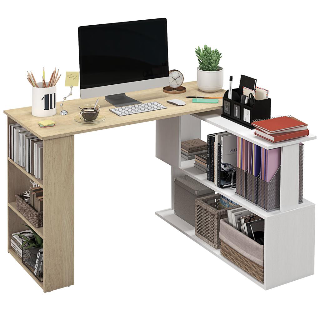 Eck-Computertisch, L-förmiger Schreibtisch mit 360 Grad drehbarem Bücherregal, 120L x 110B x 74,5H cm, Natur und Weiß