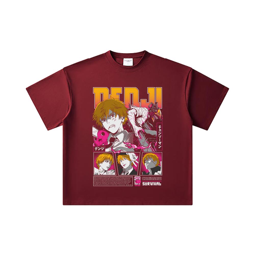

260 GSM Double Yarn 32 Count 100% Cotton Chainsaw Man V35 Denji Pochita Print Unisex Heavy Cotton T Shirt 2XL вина червоного кольору
