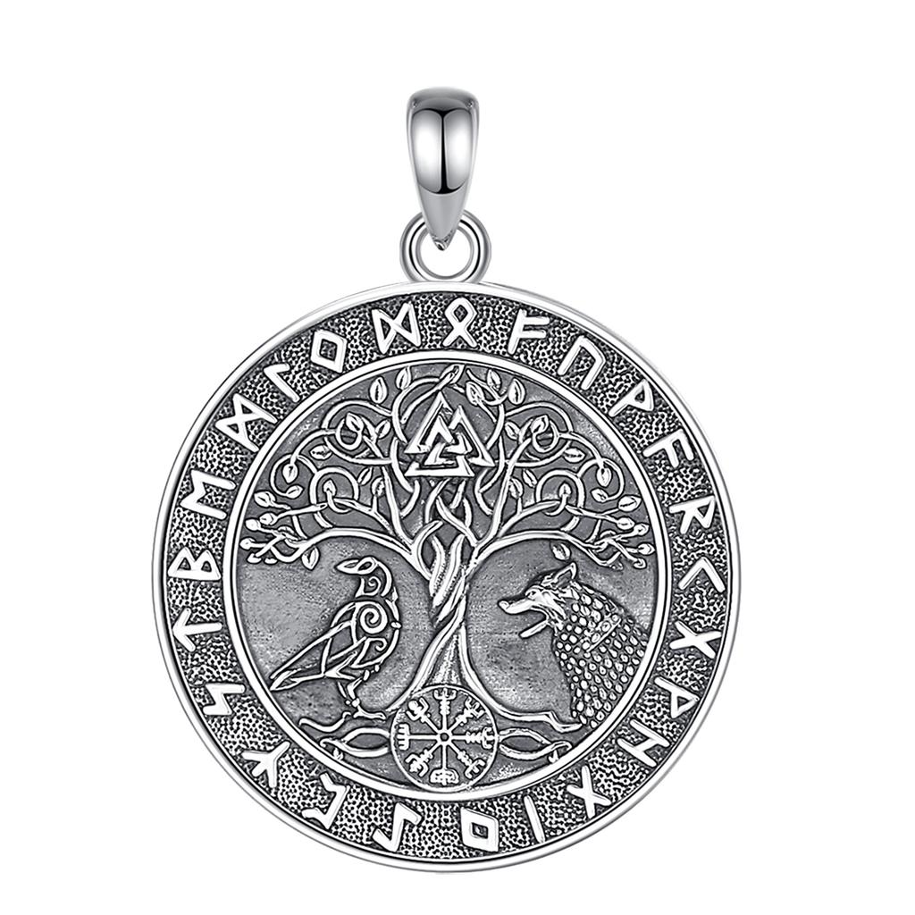 Eudora 925 Silver Viking Wolf Crow Necklace for Women Man Compass Tree of Life Runes Amulet Pendant Personality Jewelry