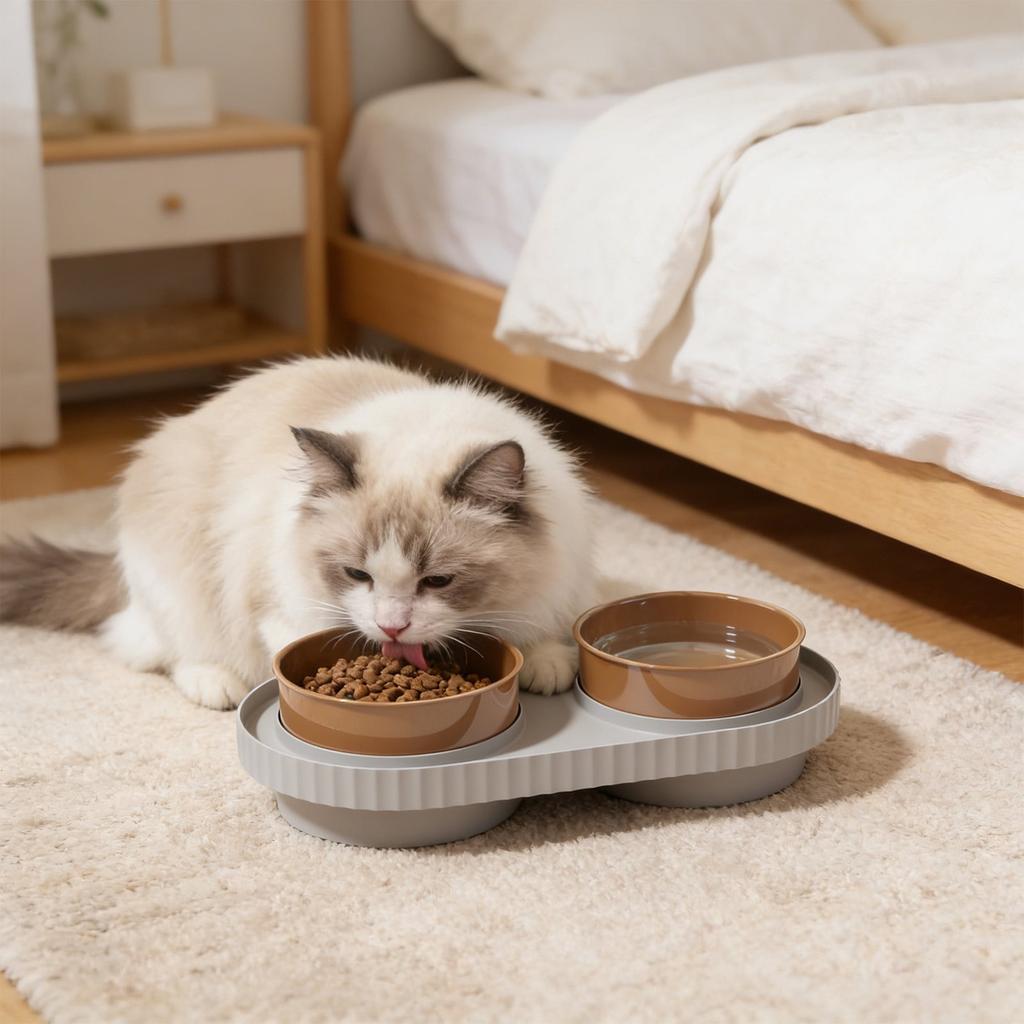 Anti-Tip 2-in-1 Dog and Cat Food and Water Bowl with Weighted Base, Easy-Clean Plastic Double Bowl for Small and Medium Pets