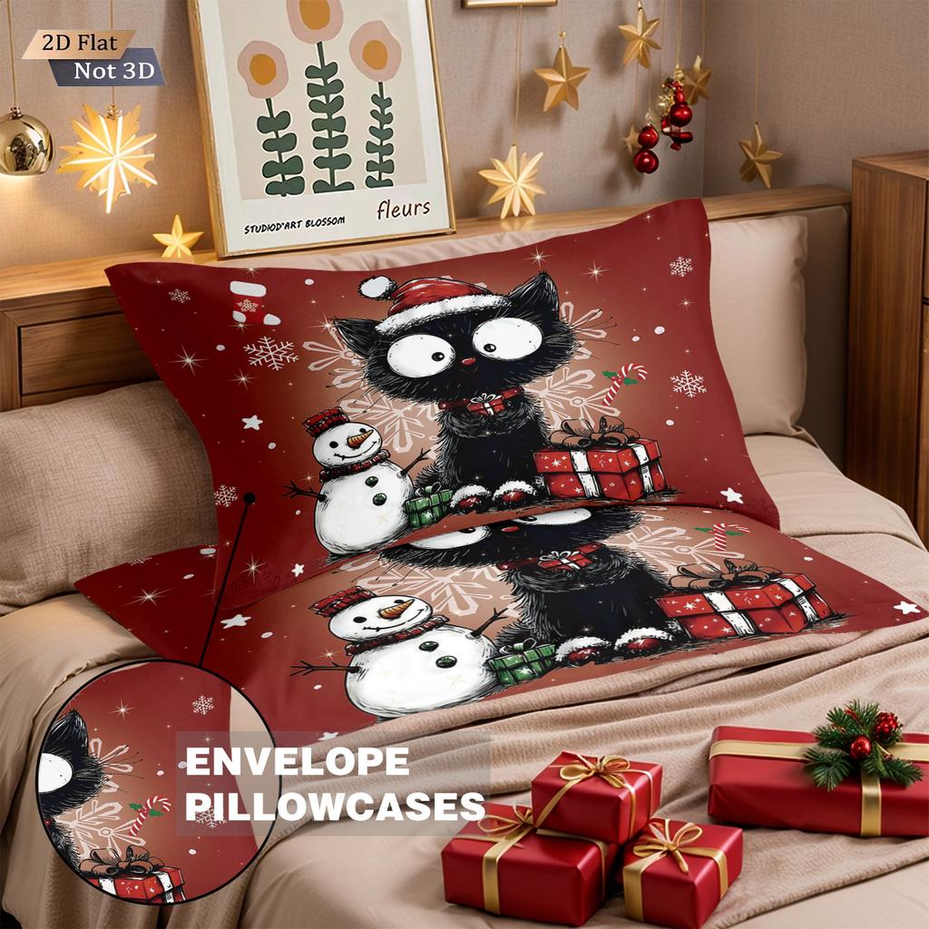 3pcs Red Christmas Black Kitten Printed Coreless Bedding Set Soft Comfortable Dormitory Bedroom Multiple Sizes Machine Washable