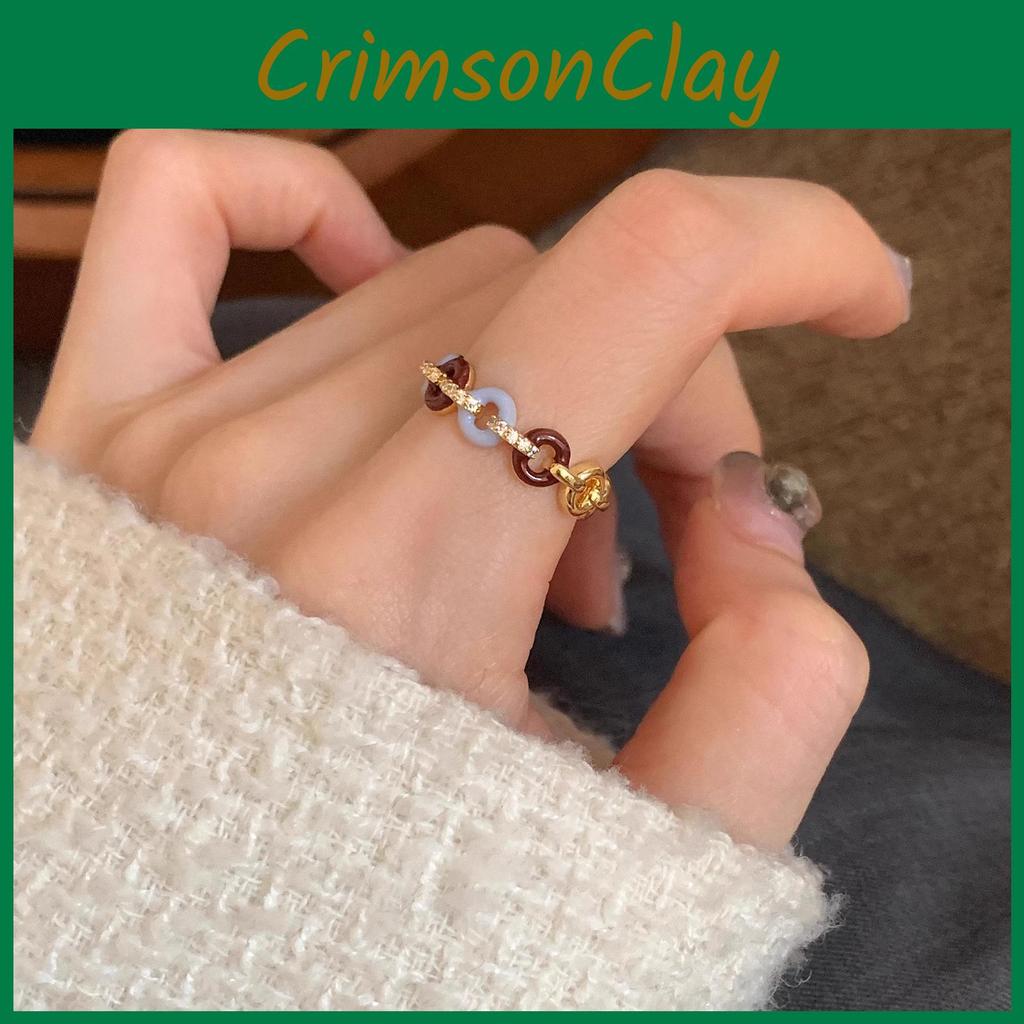 Chic Retro Glazed Round Rhinestone Ring For Women Fashionable Adjustable Copper Jewelry