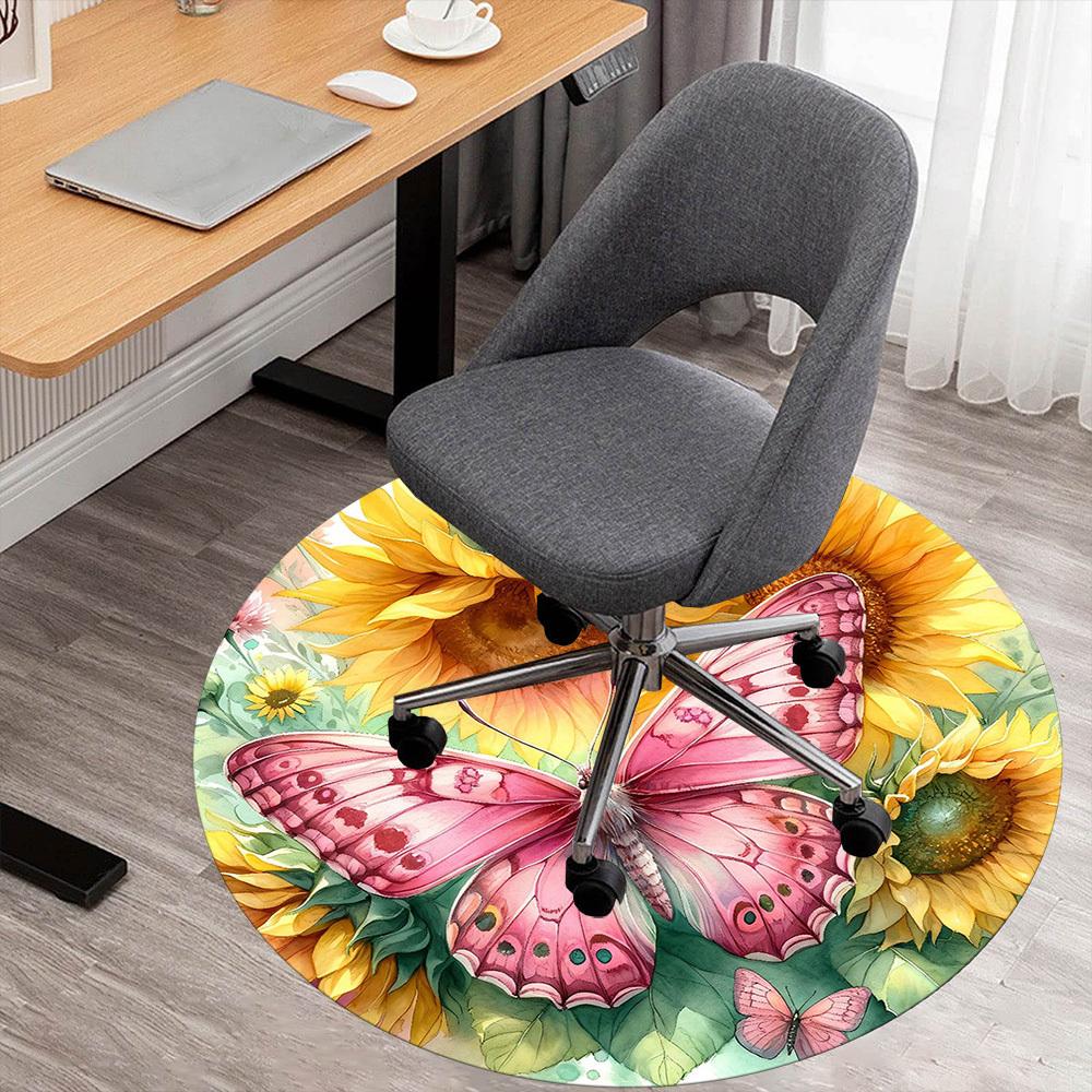 1pc Butterfly Sunflower Round Chair Mat Office Area Rug - Non-Slip, Floor Mat for Office, Bedroom, Ideal Home Decor Gift C0112014