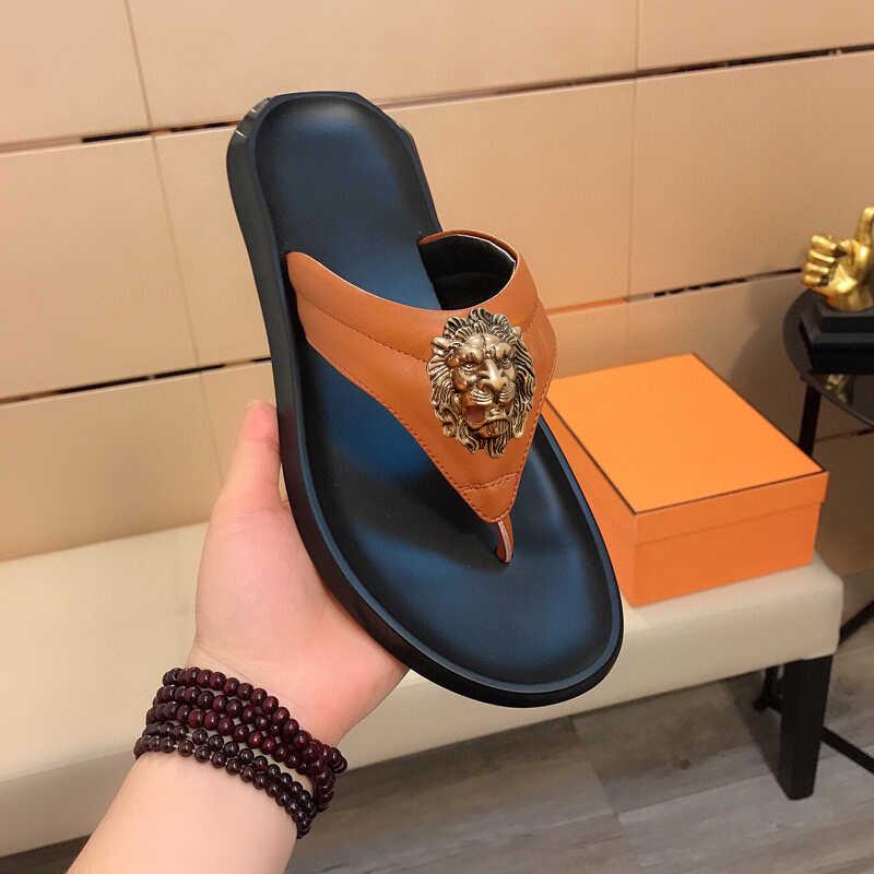 New men's beach shoes flip-flops  designer leather outside wear sandals head layer cowhide