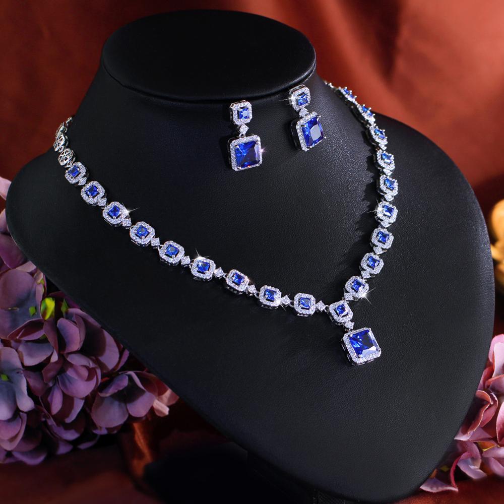 Zircons Elegant Shiny Blue CZ Zircon Square Necklace 2Pcs Sets for Women High Quality Evening Party Jewelry Accessories T0991