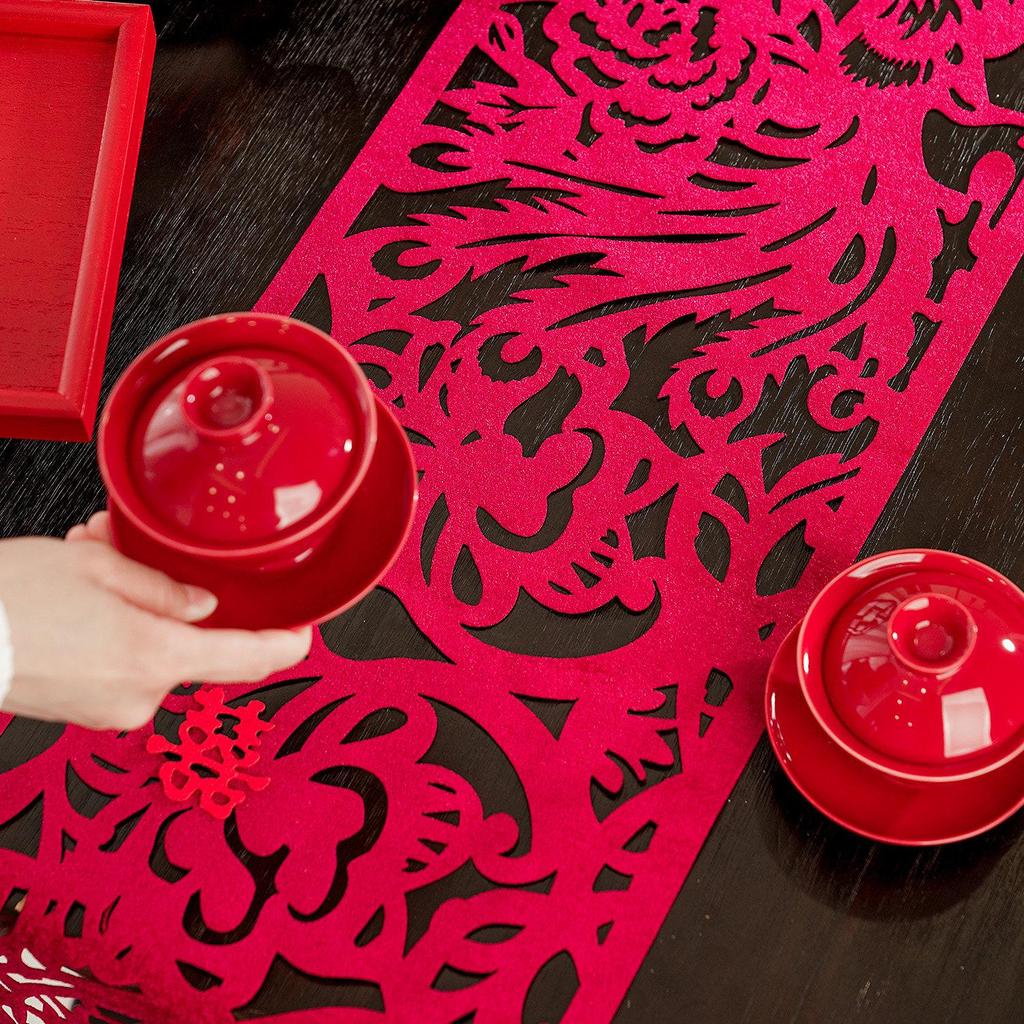 Chinese Wedding Table Runner with Tassels - Dragon & Phoenix Design