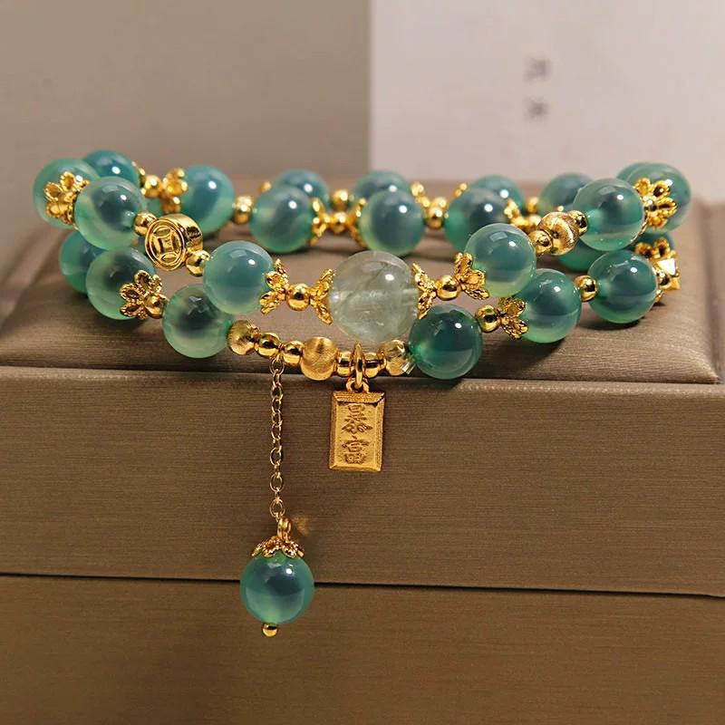 Exquisite Double Layer Heart Agate & Crystal Bracelet for Women – Luxurious Green Charm with High-End Appeal