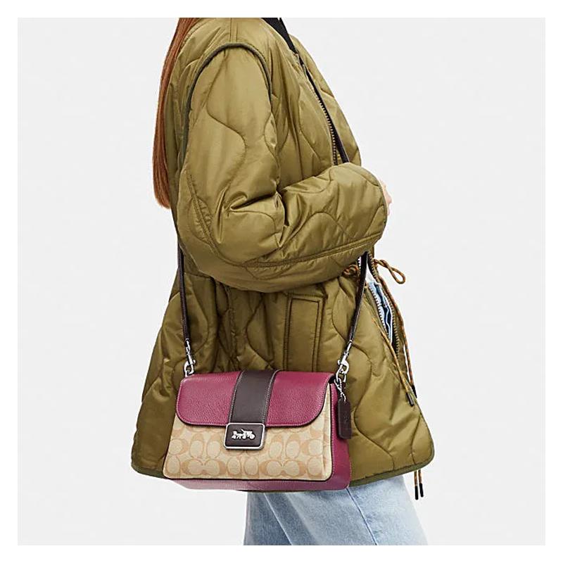 COACH Grace 26 classic old flower carriage logo buckle flap cowhide underarm bag hand shoulder bag women's purple and khaki