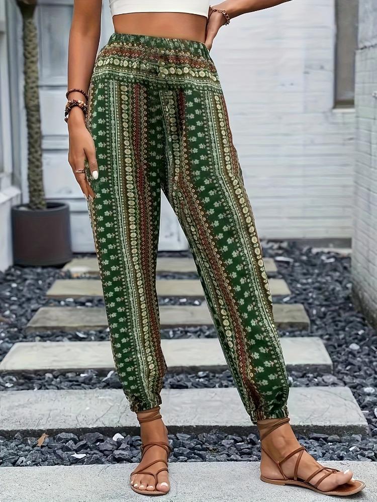 Frühling/Sommer Damen Böhmischer Ethno-Print Locker Schlankmachend Drapierte Elastische Taille Aufgeschlagene Lässige Hose