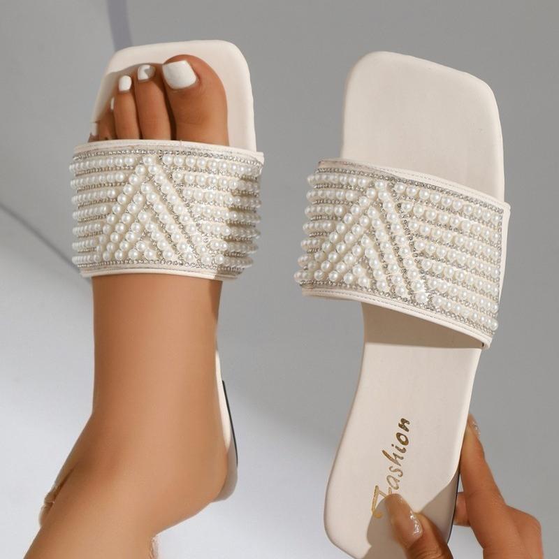 Fashion 2025 NEW Style Beaded Leather Women'S Flat Slide Sandals Square Headed Summer Sandals Beach Slippers Pearl Decoration