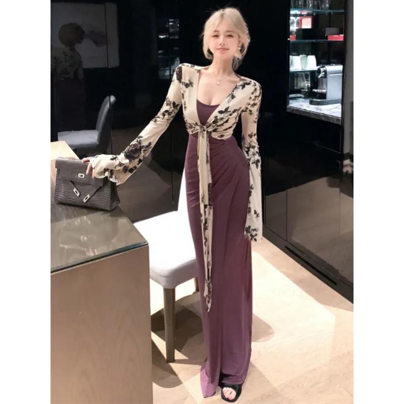 

Фиолетовое платье на бретельках Летнее Женское Темпераментное Разрез Длинное Модное Повседневное Универсальное Поясная Сумка Бедренная Юбка S