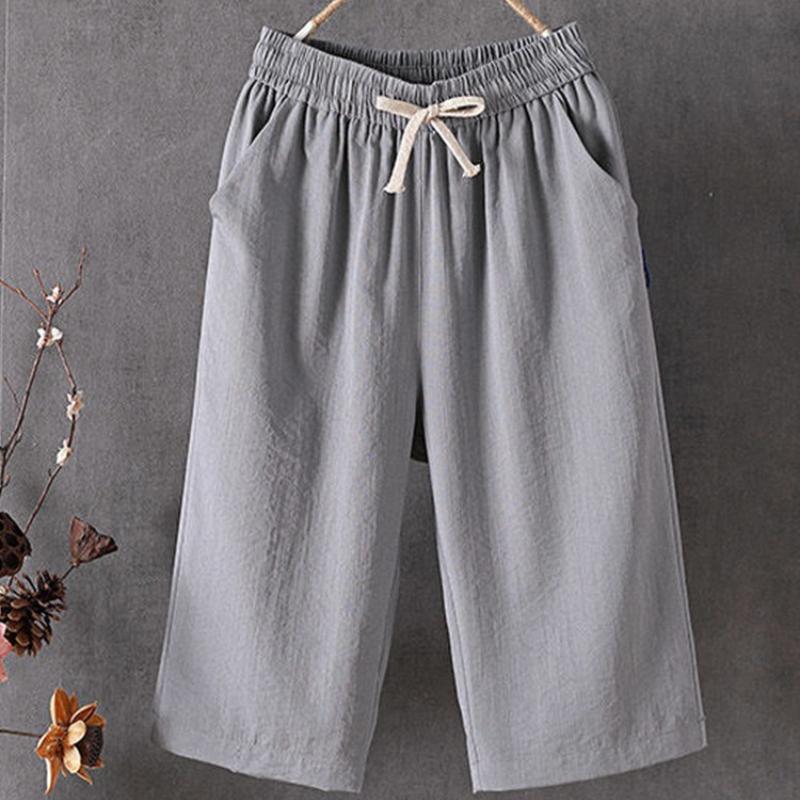 Summer New Cool Cotton and Linen Pants, Large Size Casual Pants, Elastic Waist Drawstring Pocket Shorts for Women