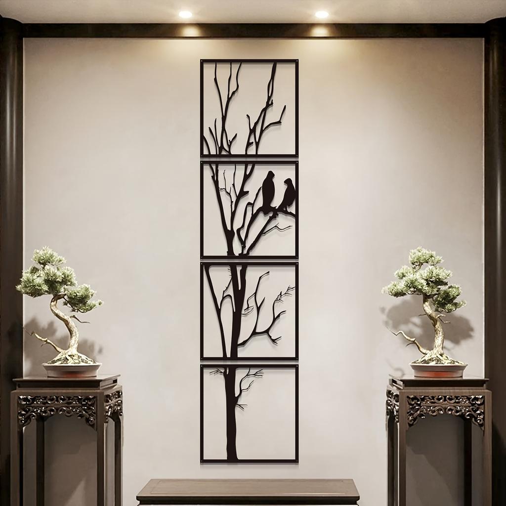 4pcs Set Bird Branch Wall Art, Large Black Metal Decor for Indoor Outdoor, Holiday Gift for Halloween Christmas New Year