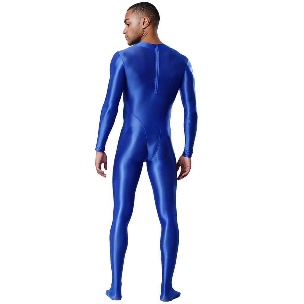 Pánský průhledný body s rolákem, dlouhým rukávem, s chodidly, jednodílný overal, lesklý, klubový, oblečení na spaní