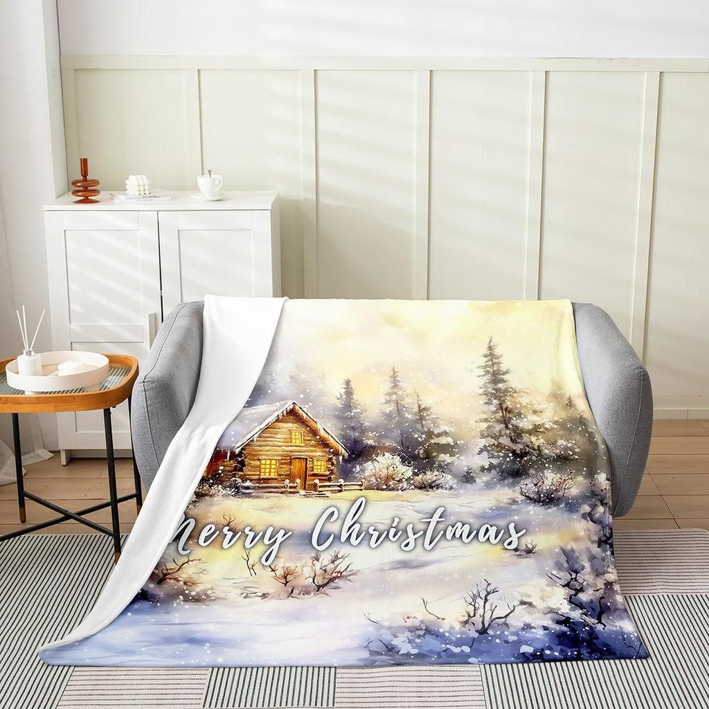 Winter Snowman Throw Blanket Cartoon Farmhouse Rustic Style Flannel Blanket for Kids Teens Adults Watercolor Pine Trees White