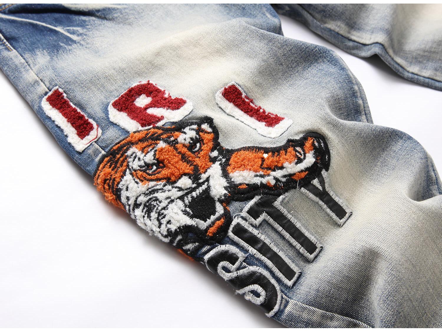 

Узкие мужские джинсы в стиле ретро с вышитым синим тигром Large синий